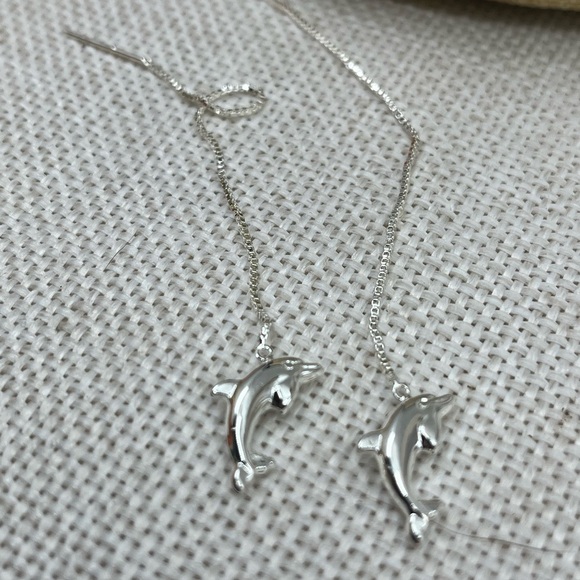 Vintage JCM Sterling Silver Dolphin Threader Earrings - Picture 3 of 14